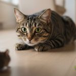 Indoor cat watching a mouse on the floor, illustrating early signs of rodent activity in a home