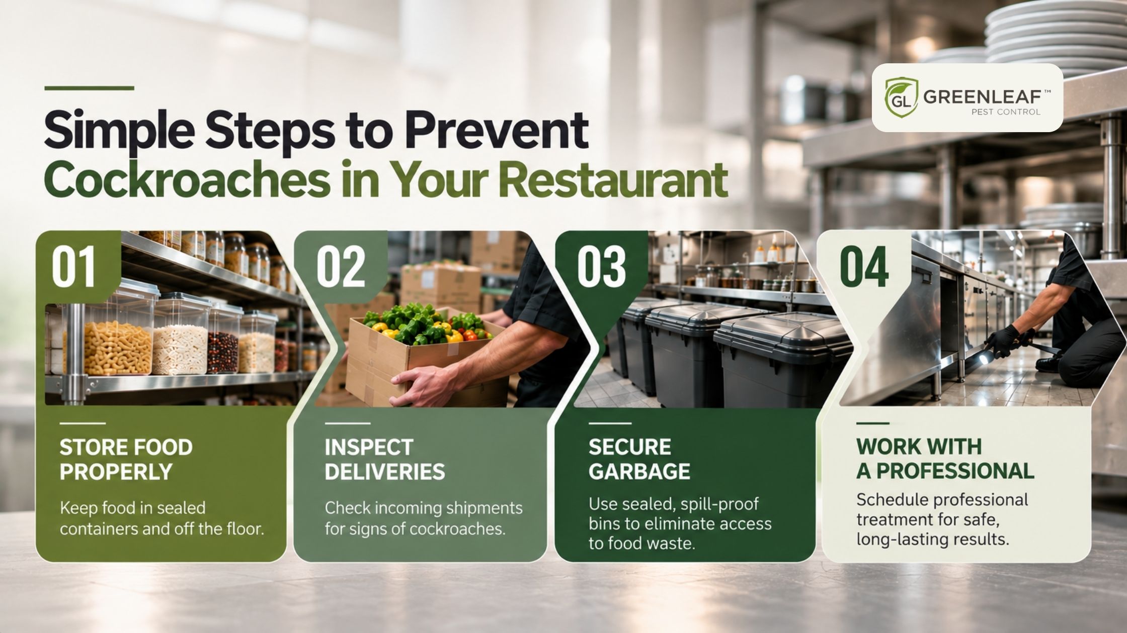 Infographic showing four ways to prevent cockroaches in restaurants: proper food storage, inspecting deliveries, securing garbage and working with professional pest control services