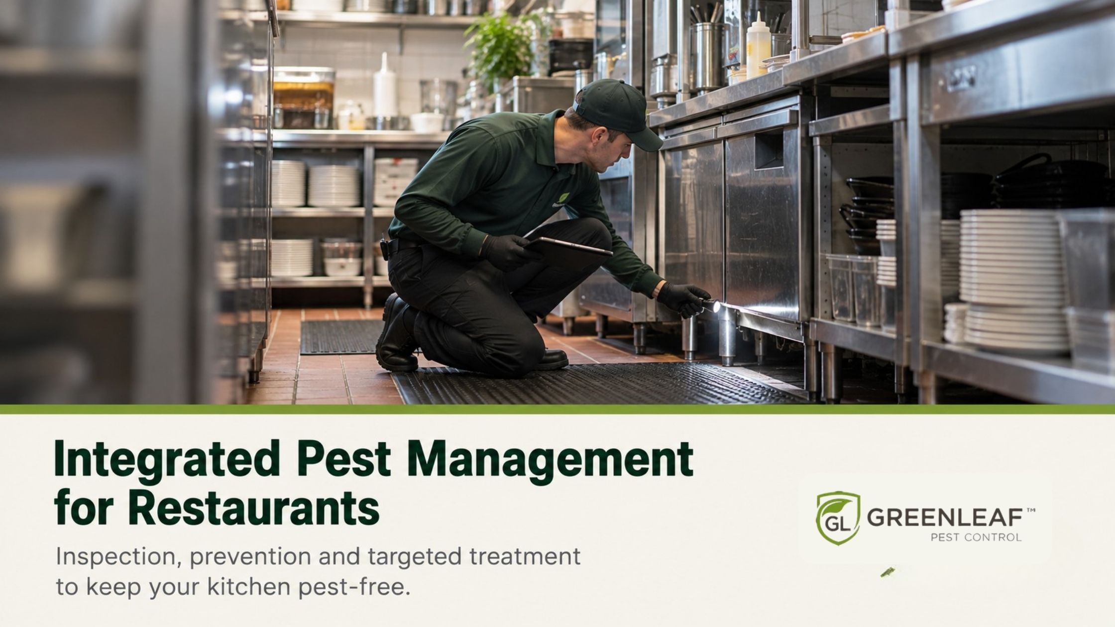 GreenLeaf Pest Control technician inspecting beneath stainless steel kitchen equipment as part of an integrated pest management program for restaurants