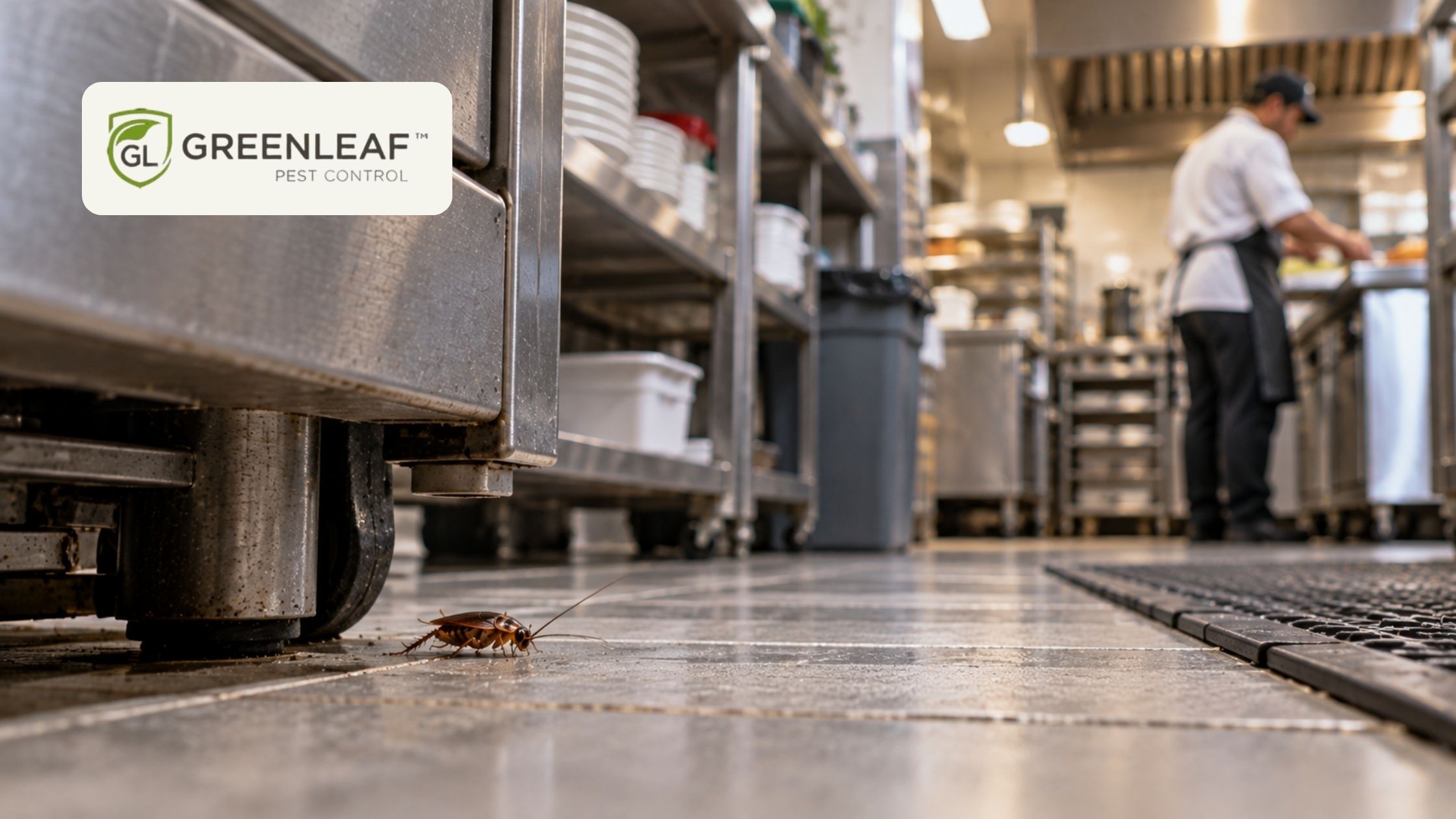 Cockroach crawling across the floor of a commercial restaurant kitchen near stainless steel equipment while a chef prepares food