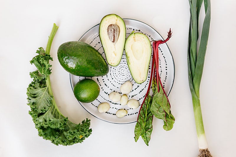 Plate of greens and avocado, seen from overhead