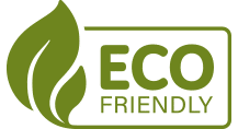 Text reading "ECO FRIENDLY" surrounded by a green border and a green leaf to the left side