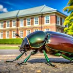 A close-up of a shiny, metallic green and brown beetle on a sidewalk with a brick academic building and vibrant green trees in the background, under a sunny blue sky.