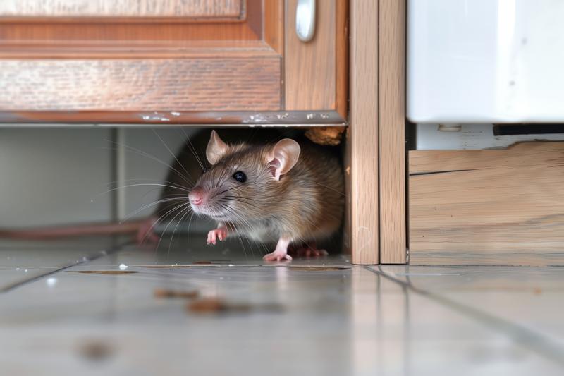 A brown rat peeking out from a gap under wooden kitchen cabinets, standing on a tiled floor with crumbs scattered nearby, in a well-lit interior space.
