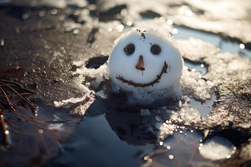 A small, melting snowman head with a smiling face made of twigs, a tiny carrot nose, and dark pebbles for eyes, sitting in a puddle of water. The surrounding ice and slushy ground reflect the warm sunlight, emphasizing the thawing process. The image visually represents the transition from winter to spring and the potential for moisture issues as snow melts.